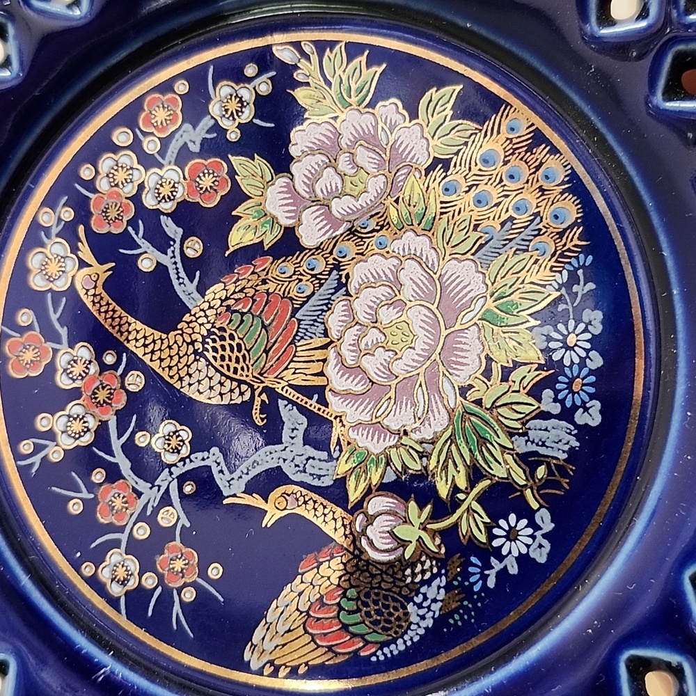 Vtg Miyako Japan Cobalt Blue Peacock Trinket Dish PorcelainPlate Floral Lattice - Picture 2 of 5